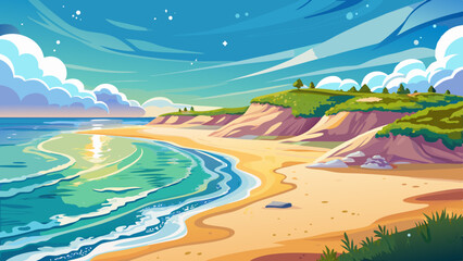 A very beautiful beach shoreline graces Nags Head in North Carolina. The Outer Banks shore, with seafoam touches and scattered shells, invites close-up vector art in soft pastels.