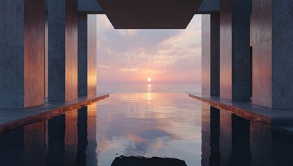 Serene sunset reflected in a minimalist infinity pool framed by concrete pillars, overlooking a calm ocean