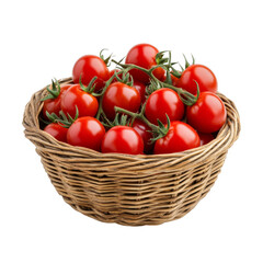 A woven basket filled with ripe, red cherry tomatoes featuring green stems. Png, Transparent background.