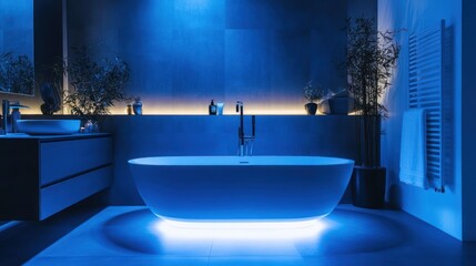 Serene Blue Bathroom: Modern Minimalist Design with LED-Lit Freestanding Tub