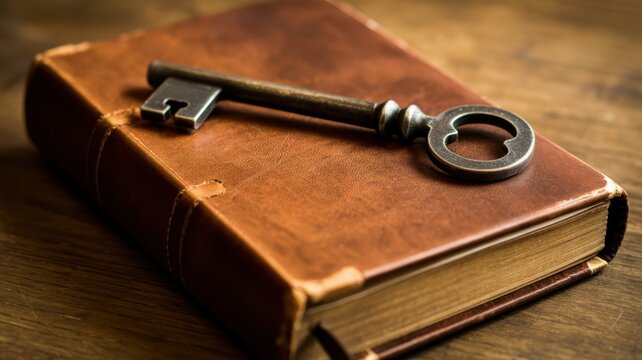 Antique key resting on a vintage leather-bound book.