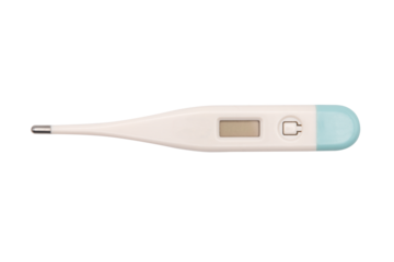 Top view of a digital thermometer isolated on a cutout PNG transparent background