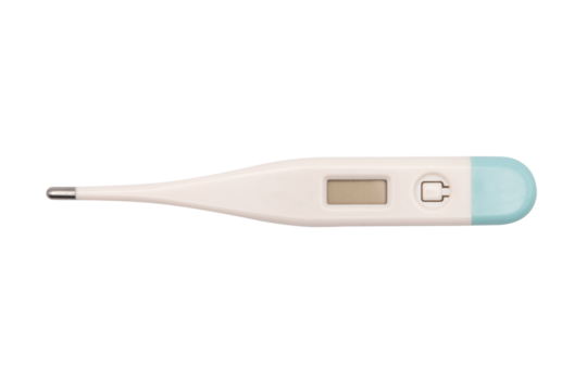 Top view of a digital thermometer isolated on a cutout PNG transparent background - Powered by Adobe