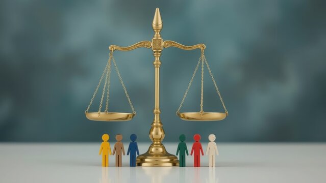 Scales of justice with diverse wooden figures representing equality and fairness in law