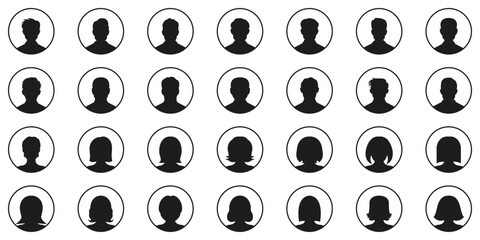 Circular Avatar Head Icons for Profile Identification and User Interface Elements Solid Icon Set. Generic Person Silhouettes in Round Frames Symbol Collection. Isolated Vector Illustration