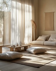 Light rhythm meditation room with soft neutral tones, linen textures, and natural oak floor Minimalist Wellness Spaces Futuristic Sensory Meditation Pods
