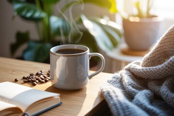 Warm cup of coffee on a wooden table with a book and a cozy blanket.