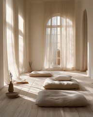Light rhythm meditation room with soft neutral tones, linen textures, and natural oak floor Minimalist Wellness Spaces Futuristic Sensory Meditation Pods