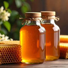 Natural honey in glass bottles
