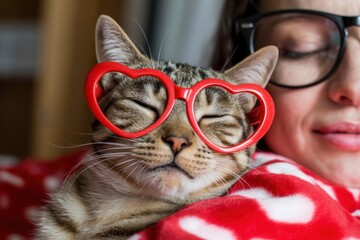 A tabby cat wearing heart-shaped glasses rests on a person's shoulder.
