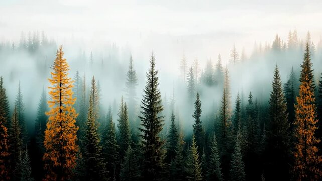 Morning fog blankets a tranquil forest, creating a mystical atmosphere. Evergreen trees stand tall alongside patches of golden foliage, inviting serenity and wonder in nature's embrace.