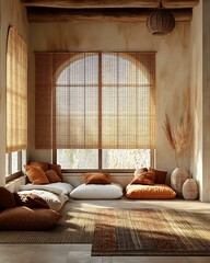 Meditation room with sunlight rhythm pattern casting through rattan blinds, grounded earth-tone palette, and terracotta decor Minimalist Wellness Spaces Futuristic Sensory Meditation Pods
