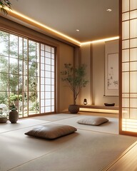 Minimalist meditation room with rhythmically arranged LED strip lighting, tatami flooring, and Japanese shoji dividers Minimalist Wellness Spaces Futuristic Sensory Meditation Pods