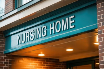 Nursing home sign on a teal building facade.