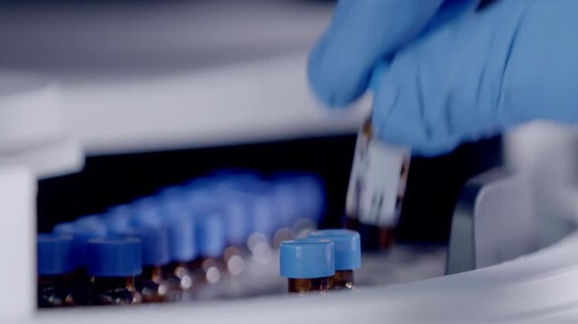 Scientist or technician loading tissue culture flask sample to centrifuge machine to analyzing. Advanced research lab with modern equipment. Drug vaccine development in professional biotechnology lab - Powered by Adobe