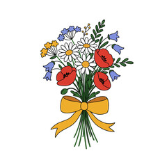Doodle flat clipart. Cute bouquet of wild flowers tied with a ribbon. All colors are easy to change.