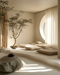 Rhythmic light meditation nook with a neutral color palette, stone elements, and bamboo decor reflecting peaceful symmetry Minimalist Wellness Spaces Futuristic Sensory Meditation Pods
