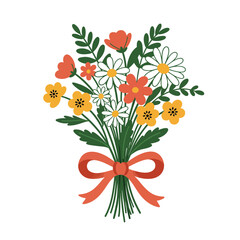Doodle flat clipart. Cute bouquet of wild flowers tied with a ribbon. All colors are easy to change.