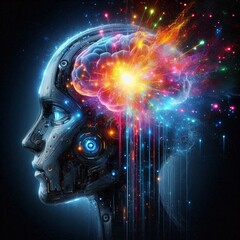 Cybernetic Brain Burst: A robotic head with a vibrant, exploding brain, symbolizing innovation, artificial intelligence, and technological advancement.  