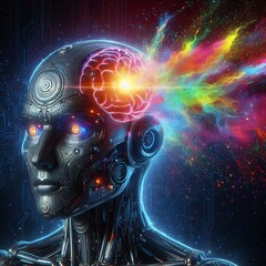 Technological Brainwave: A futuristic android head projects a vibrant stream of colorful energy from a glowing brain, a visual representation of innovation and intelligence. 