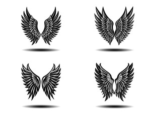 Grunge Angel Feather Wings Vector Icons – Bold Black Distressed Wing Illustrations for Gothic Posters, Tattoo Art, or Fantasy Concepts. High-Quality Editable Vector File for Adobe Stock Use.

