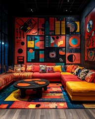 A retro-modern blend lounge where Bauhaus geometry meets African tribal symbolism under smart lighting Heritage Fusion Interior Design Retro Futuristic Cultural Environments