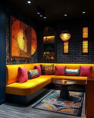 A retro-modern blend lounge where Bauhaus geometry meets African tribal symbolism under smart lighting Heritage Fusion Interior Design Retro Futuristic Cultural Environments