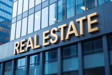 Obraz premium Gold-lettered real estate sign on a modern building facade.