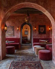 Cultural time capsule lounge with Moroccan archways, velvet seating, Persian rugs, and antique brass lanterns Heritage Fusion Interior Design Retro Futuristic Cultural Environments