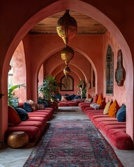 Cultural time capsule lounge with Moroccan archways, velvet seating, Persian rugs, and antique brass lanterns Heritage Fusion Interior Design Retro Futuristic Cultural Environments