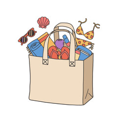 A handy bag for going to the beach or shopping. Doodle flat clipart. All objects are repainted.