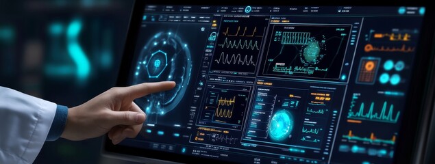 Fototapeta premium A doctor's hand is pointing at the screen of an AI medical system, with data about patient health and environment on it