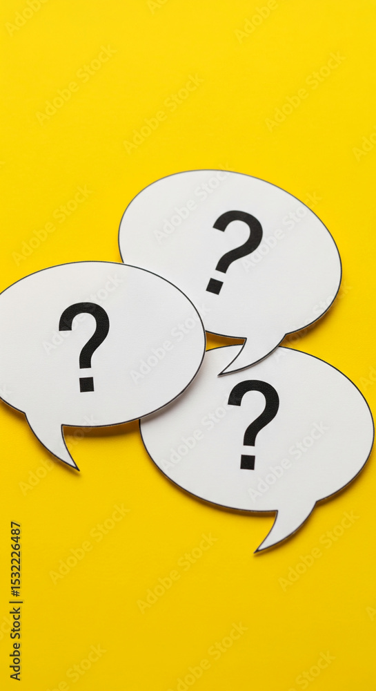 Poster three white speech bubbles with black question marks on yellow background, representing questions, i