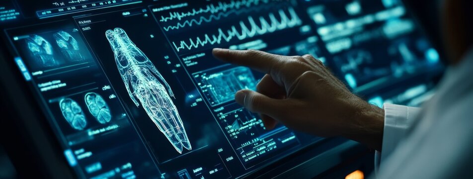 A doctor's hand is pointing at the screen of an interactive medical display, with various data and information on it in blue tones