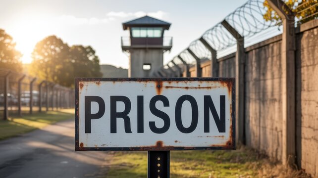 Prison sign at the entrance of a correctional facility.