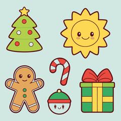Fototapeta premium Adorable cartoon christmas decorations including a gingerbread man and a smiling sun on light blue background