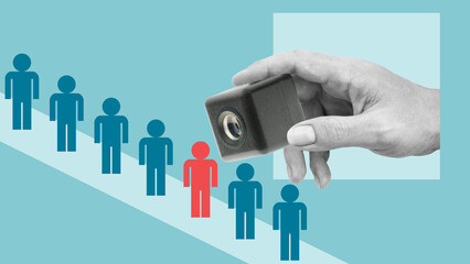 Camera surveillance in the crowd as big brother concept. Giant surveillance camera spies a citizen. No secrets and no privacy in dictatorship order