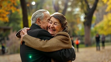 An elderly couple embraces in a park during autumn. The man has gray hair and wears a black coat. The woman has dark hair and a brown coat, smiling happily. Generative 4k video. - Powered by Adobe