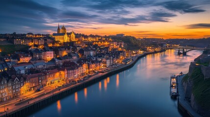 Fototapeta premium Panoramic view of a European city at twilight