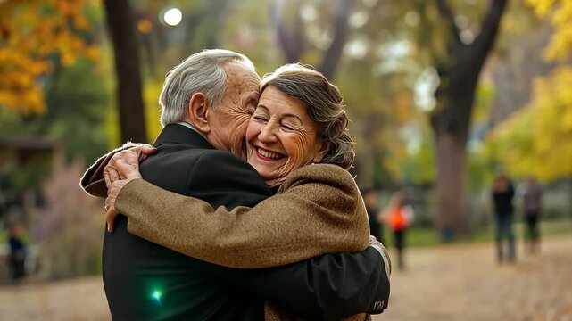 An elderly couple embraces in a park during autumn. The man has gray hair and wears a black coat. The woman has dark hair and a brown coat, smiling happily. Generative 4k video.