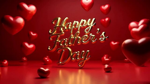 Celebrate Father's Day with this heartwarming animation featuring golden lettering and red hearts against a rich red background perfect for greeting cards and social media.