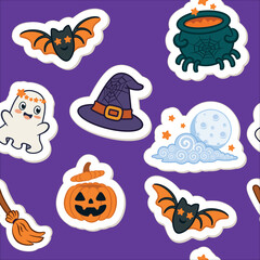 Happy Halloween seamless pattern with  pumpkin, witch hat, moon, stars, ghost and bats.eps
