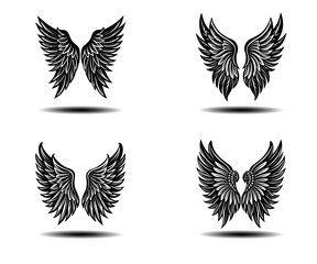 Black Feather Wings Vector Art – Angel Inspired Distressed Grunge Wing Icons for Tattoo Projects, Gothic Illustrations, or Fantasy-Themed Design. High-Resolution Vector for Adobe Stock.

