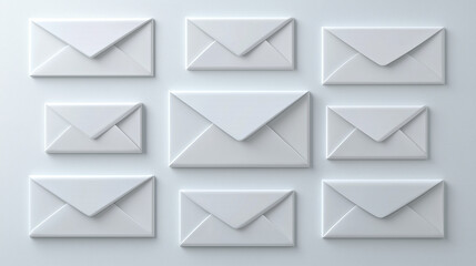 Nine White Envelopes Arranged in a Grid on a Light Gray Background