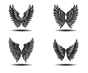 Grunge Angel Wings Vector Icons – Bold Black Feather Silhouettes with Distressed Details. Gothic and Fantasy Inspired Wing Designs for Tattoo Artists or Dark Theme Poster Art in Vector Format.

