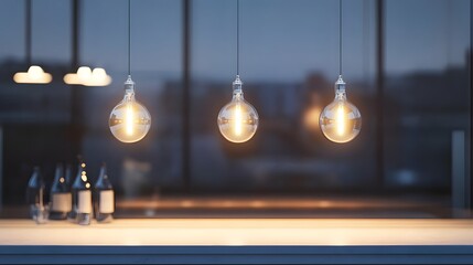 Three hanging Edison light bulbs illuminate a bar top with bottles against a blurred city skyline at dusk creating a modern ambient atmosphere.
