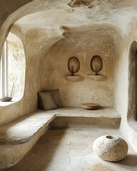 Organic retreat space with soil-tone plaster walls, natural light, and handmade stone incense holders Primitive Luxury Interiors Spiritual Nature Inspired Spaces