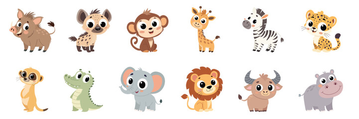 Big Collection of African Animals in Flat Style. Hand Drawn Vector Art.