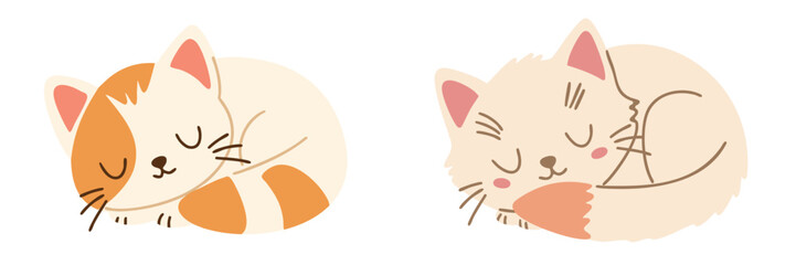 Two Cute Cats are Sleeping Isolated on Transparent Background. Hand Drawn Vector Art. 