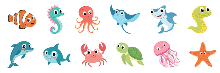 Big Collection of Water Animals in Flat Style. Hand Drawn Vector Art.